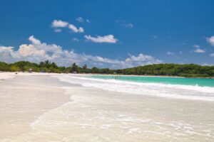 A sandy beach with gentle waves, green hills, and a blue sky with scattered clouds, reminiscent of the serene shores found in Vieques, Puerto Rico.